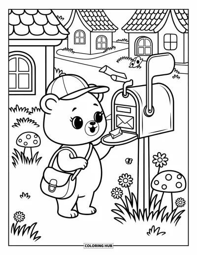 Coloriage d'ours brun pour adultes : Un petit ours dépose une lettre pendant que des enveloppes virevoltent près d'un chemin avec une boîte aux lettres chaleureuse