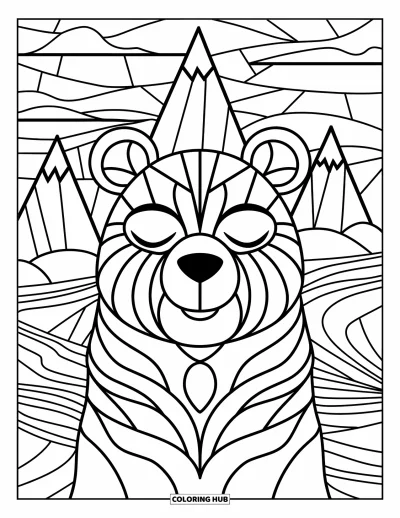 Coloriage d'ours brun pour adultes : Le visage souriant d'un ours repose paisiblement dans un décor de montagnes et de rivières abstraites