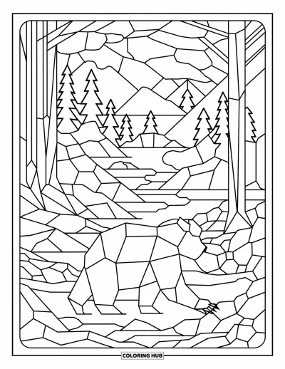 Coloriage d'ours brun pour adultes : Une scène forestière en vitrail entoure un ours en marche avec des arbres géométriques et de l'eau qui coule