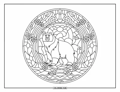 Coloriage d'ours brun pour adultes : Un ours majestueux au centre d'une scène forestière circulaire en vitrail avec des galets de rivière