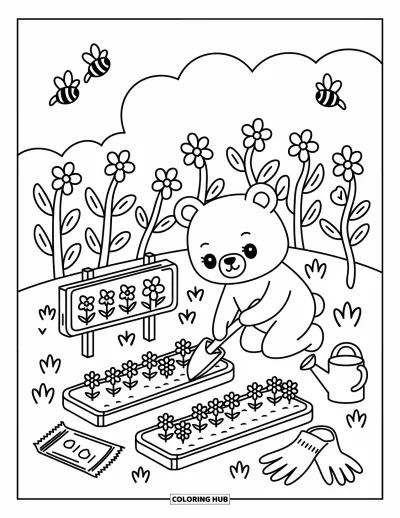 Coloriage d'ours brun pour adultes : Un petit ours jardine parmi des fleurs, des sachets de graines et des abeilles espiègles au-dessus