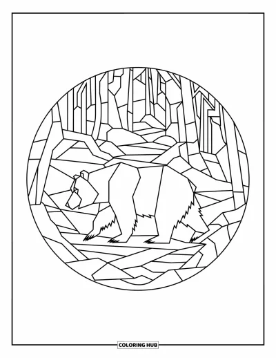 Coloriage d'ours brun pour adultes : Un ours en marche porte une scène forestière avec des rochers et des ruisseaux en style vitrail