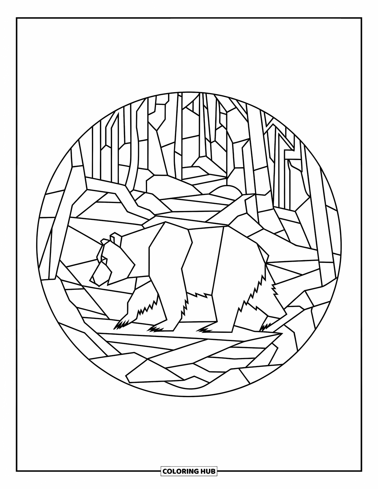 Brown Bear Coloring Page for Adults: A walking bear holds a forest scene with rocks and streams in stained-glass style