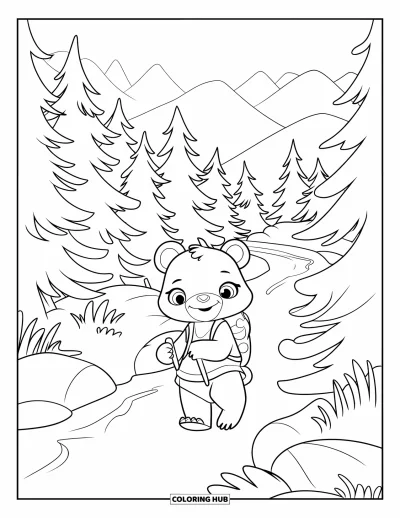 Coloriage d'ours brun pour enfants : Un ourson randonneur porte un petit sac à dos et marche sur un sentier de pins avec un bâton