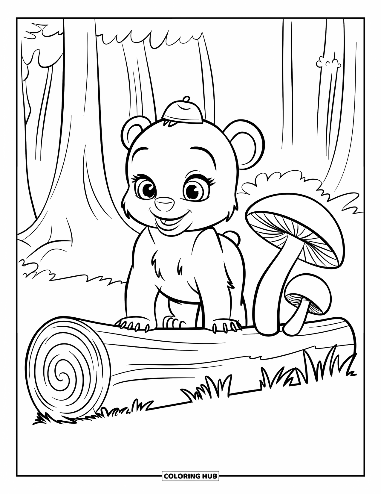 Brown Bear Coloring Page for Kids: A baby bear in a tiny hat stands on a log with mushrooms nearby