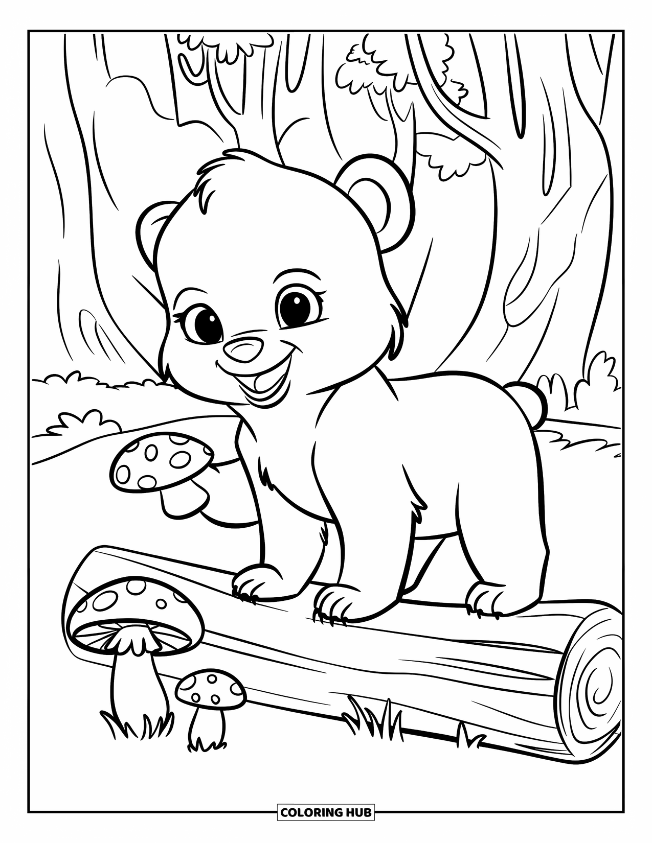 Brown Bear Coloring Page for Kids: A baby bear stands on a log holding a mushroom in a quiet forest