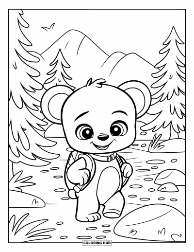 Coloriage d'ours brun pour enfants : Un ourson en collier rose se promène sur un sentier forestier avec un petit sac à dos