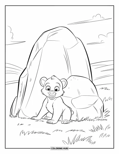 Coloriage d'ours brun pour enfants : Un ourson se cache derrière un rocher dans un champ lumineux sous des nuages