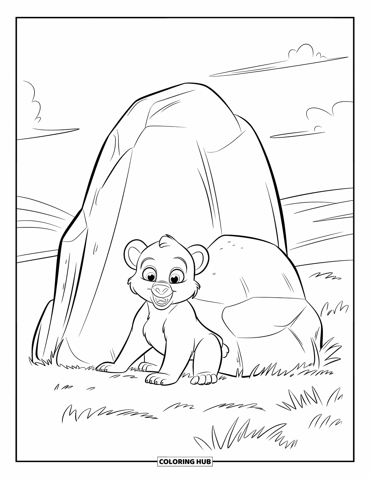 Brown Bear Coloring Page for Kids: A bear cub hides behind a rock in a bright field with clouds overhead