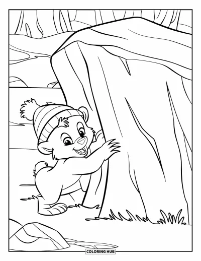 Coloriage d'ours brun pour enfants : Un ourson joue à cache-cache derrière un grand rocher dans la forêt