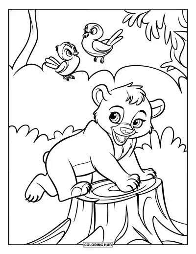 Coloriage d'ours brun pour enfants : Un ourson essaie de grimper sur une souche pendant que des oiseaux l'observent depuis les hauteurs