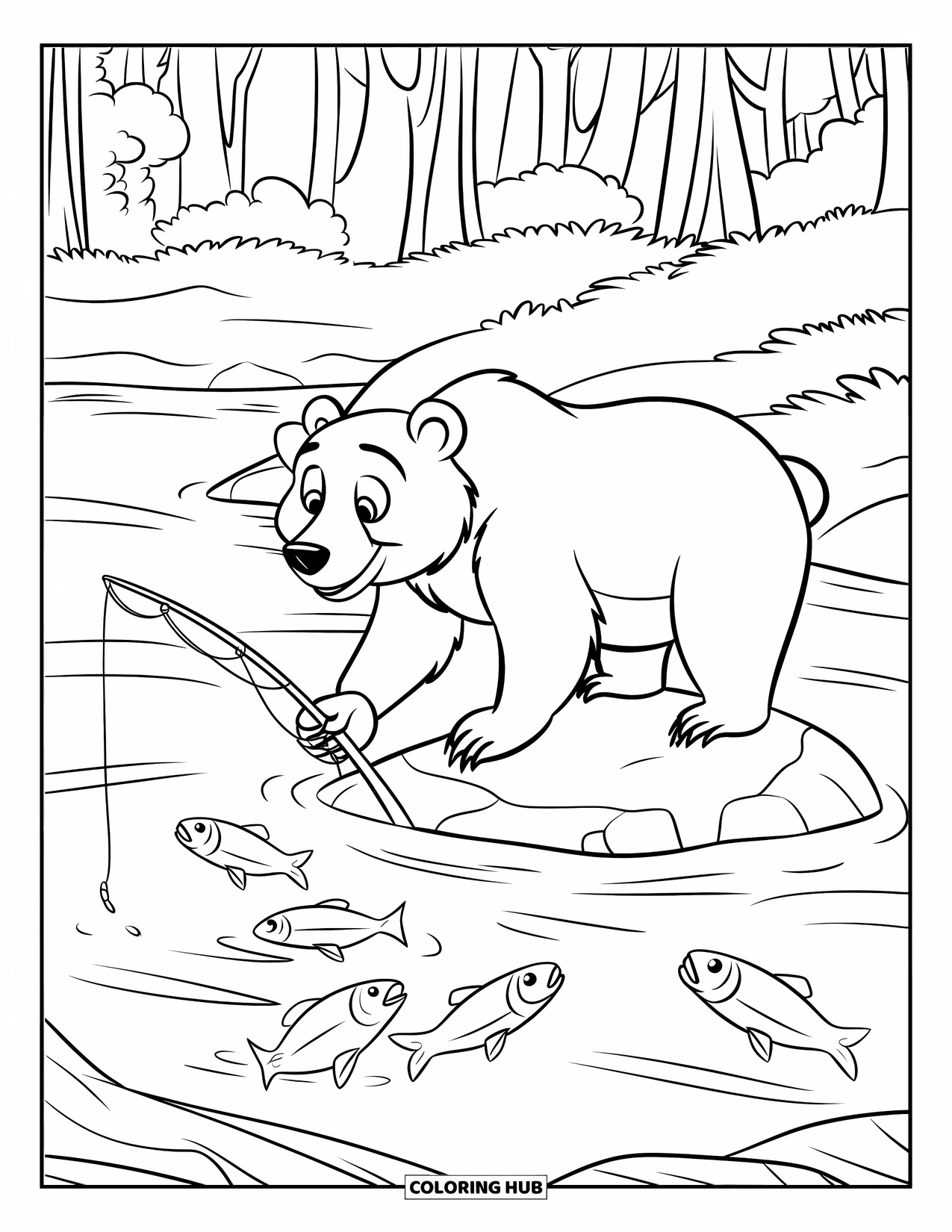 Brown Bear Coloring Page for Kids: A bear fishes in a river full of leaping fish near the forest