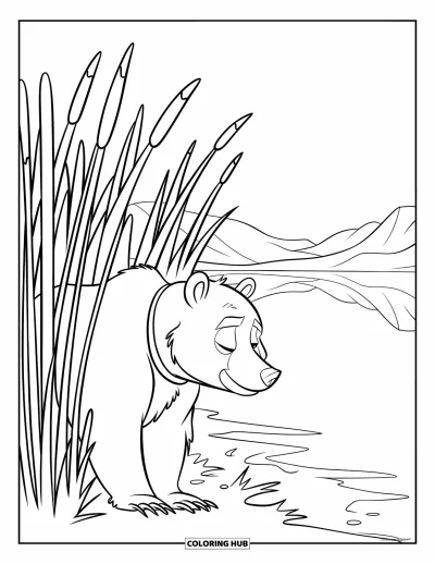 Coloriage d'ours brun pour enfants : Un ours en collier s'approche discrètement des roseaux au bord d'un lac calme et réfléchissant