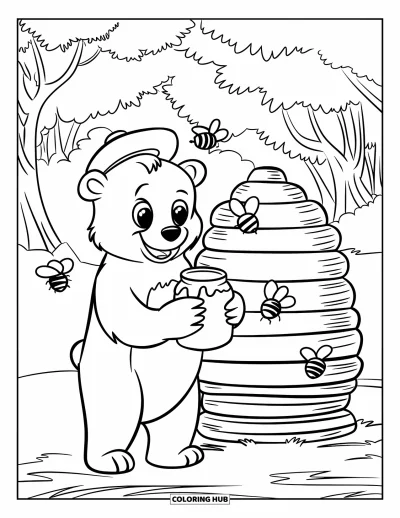 Coloriage d'ours brun pour enfants : Un ours avec un chapeau vert tient du miel près d'une ruche avec des abeilles en vol