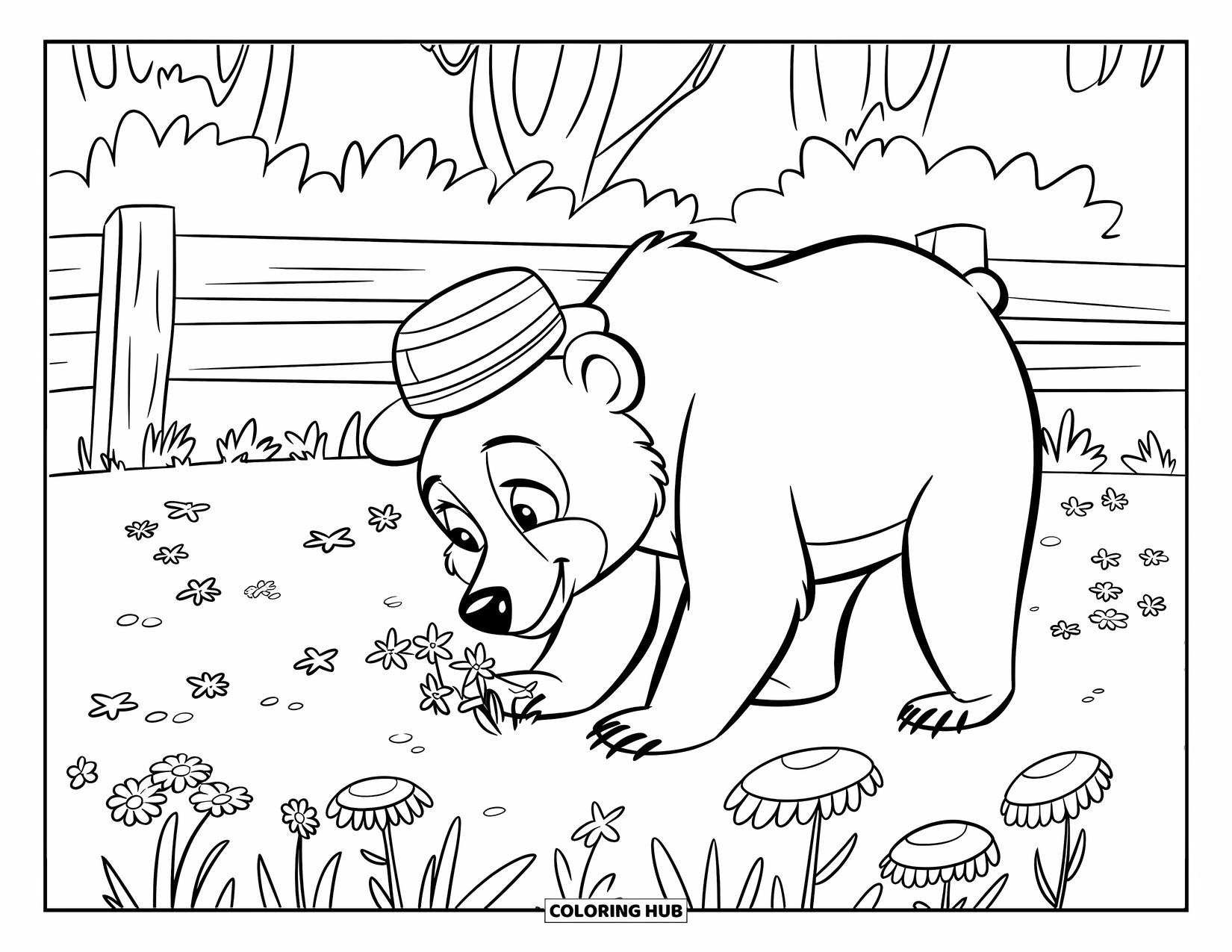Brown Bear Coloring Page for Kids: A bear in a hat happily sniffs flowers near a fence and trees