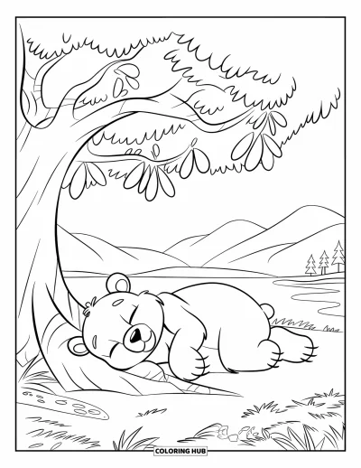 Coloriage d'ours brun pour enfants : Un ours en chemise rouge fait une sieste paisible sous un arbre près de montagnes