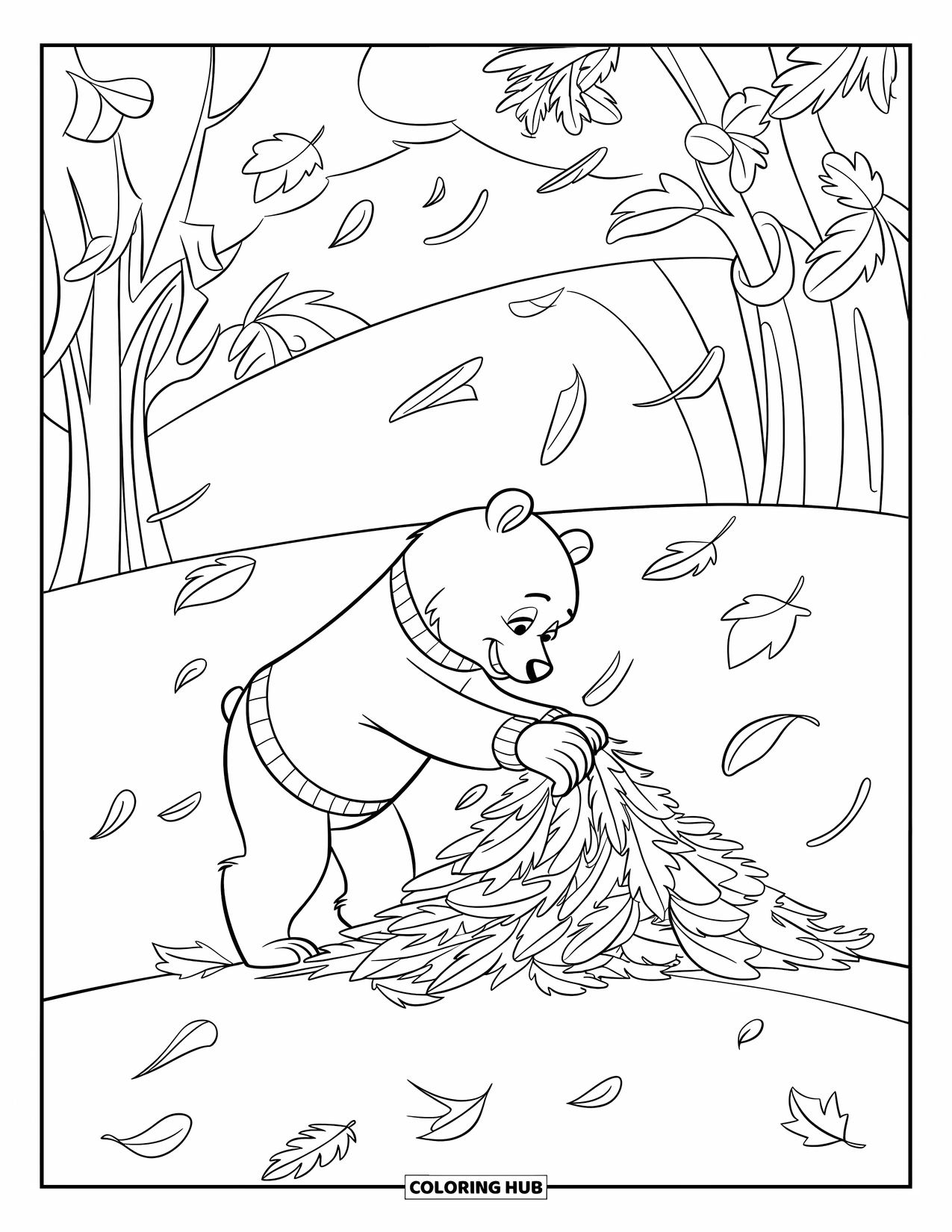 Brown Bear Coloring Page for Kids: A bear in a red sweater builds a leaf pile on a breezy hilltop