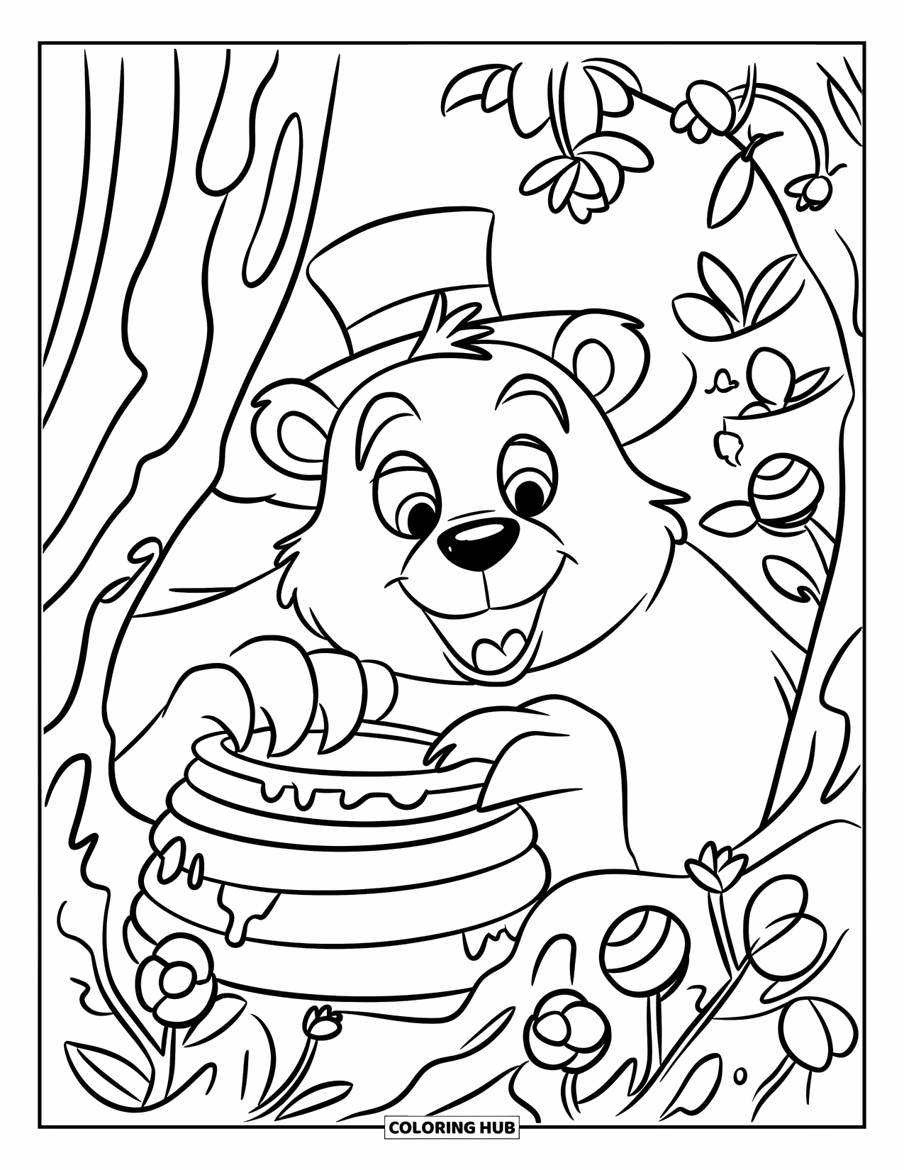 Brown Bear Coloring Page for Kids: A bear in a top hat peeks through leaves near a tree hive