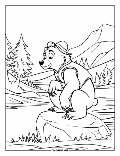 Coloriage d'ours brun pour enfants : Un ours en gilet et chapeau contemple la vallée depuis un grand rocher