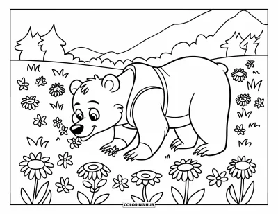 Coloriage d'ours brun pour enfants : Un ours en gilet sourit en reniflant des fleurs avec des abeilles qui bourdonnent