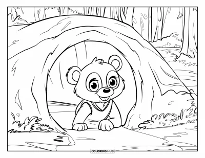Coloriage d'ours brun pour enfants : Un ours en gilet passe la tête hors d'une grotte cachée dans les arbres