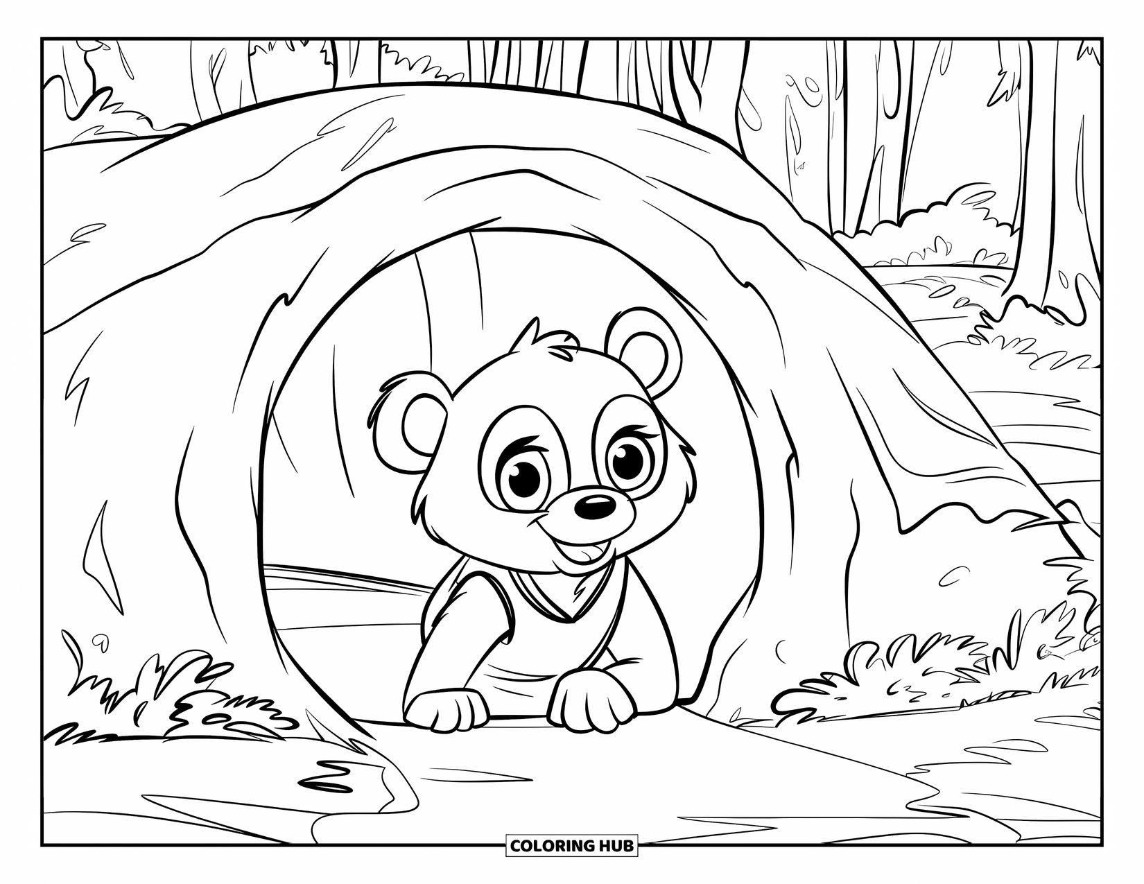 Brown Bear Coloring Page for Kids: A bear in a vest peeks out from a cave hidden in the trees