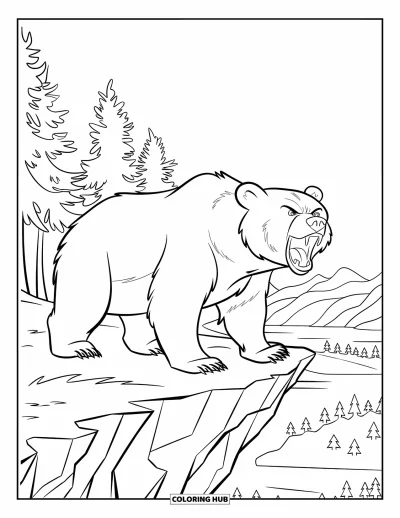 Coloriage d'ours brun pour enfants : Un ours rugit sur une falaise avec une vue sur la montagne derrière lui