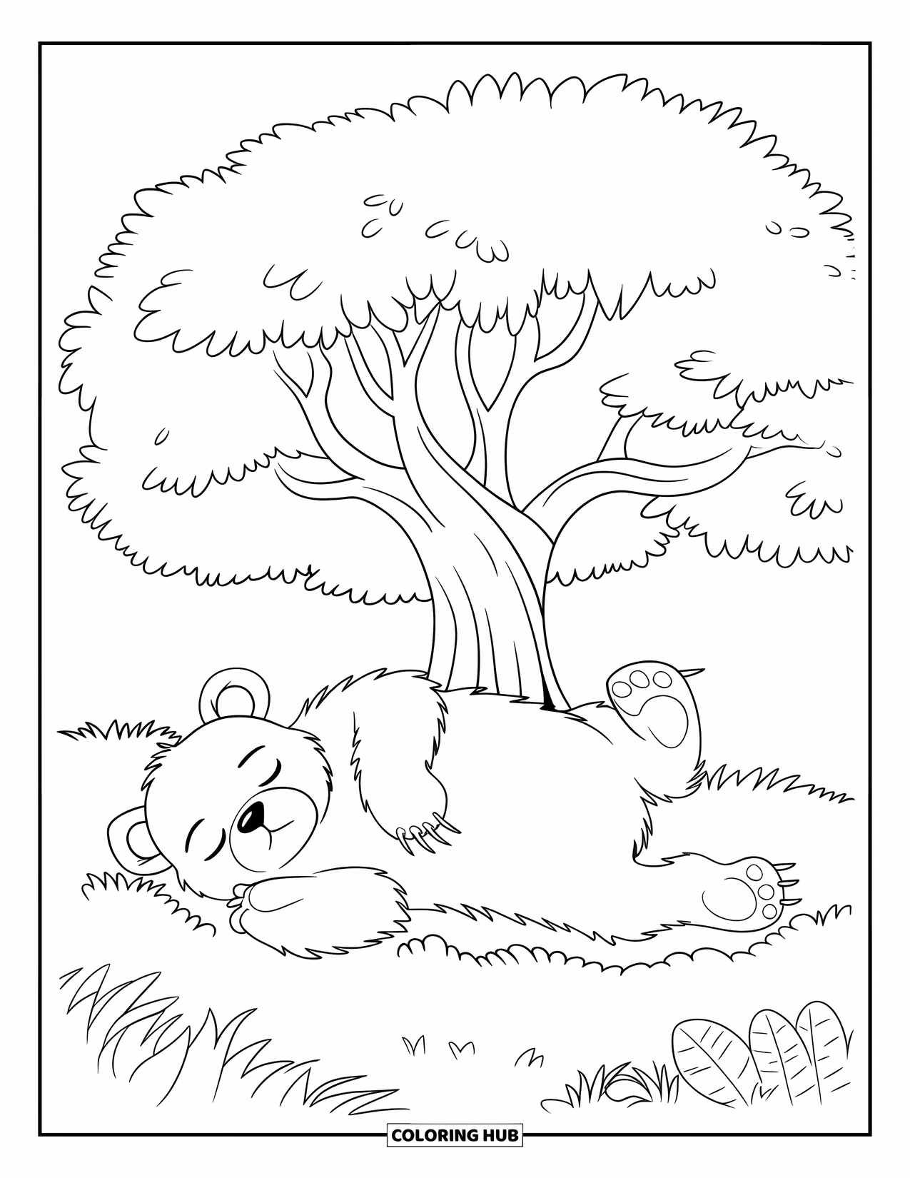 Brown Bear Coloring Page for Kids: A bear lies on its back under a big tree in a grassy field