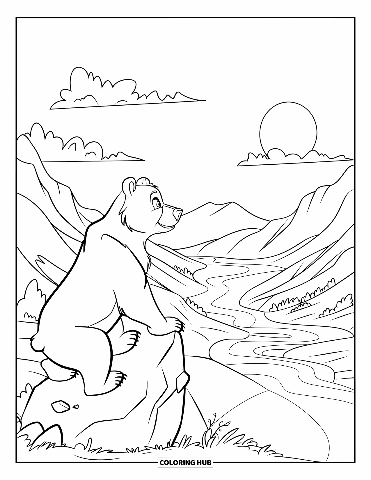 Brown Bear Coloring Page for Kids: A bear looks over a sunny valley with rivers and clouds in the distance