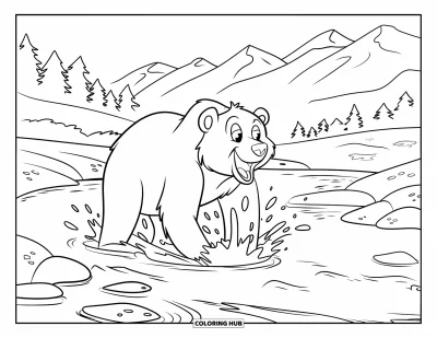 Coloriage d'ours brun pour enfants : Un ours sur un rocher fait jaillir de l'eau avec des arbres et des sommets en fond