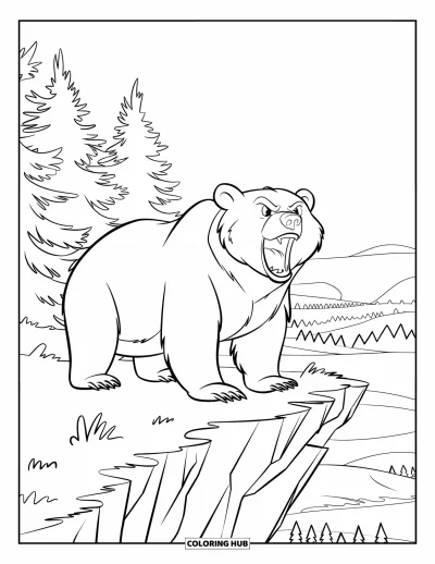 Coloriage d'ours brun pour enfants : Un ours rugit depuis une falaise surplombant une vaste forêt et un lac