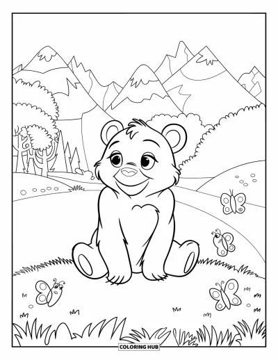 Coloriage d'ours brun pour enfants : Un ours assis tranquillement sur une colline entouré de papillons et de montagnes