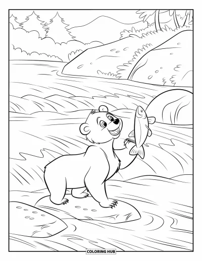 Coloriage d'ours brun pour enfants : Un ours attrape un saumon dans l'eau vive, entouré de rochers et d'arbres