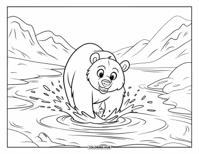 Coloriage d'ours brun pour enfants : Un ours s'éclabousse joyeusement dans un ruisseau peu profond avec des montagnes en arrière-plan