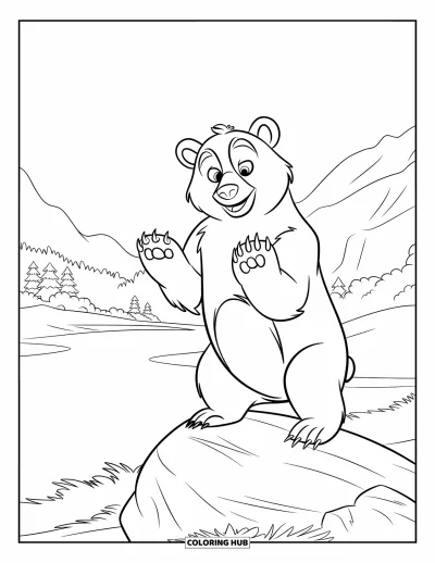 Coloriage d'ours brun pour enfants : Un ours debout sur un rocher, les yeux grands ouverts, contemple une vallée paisible