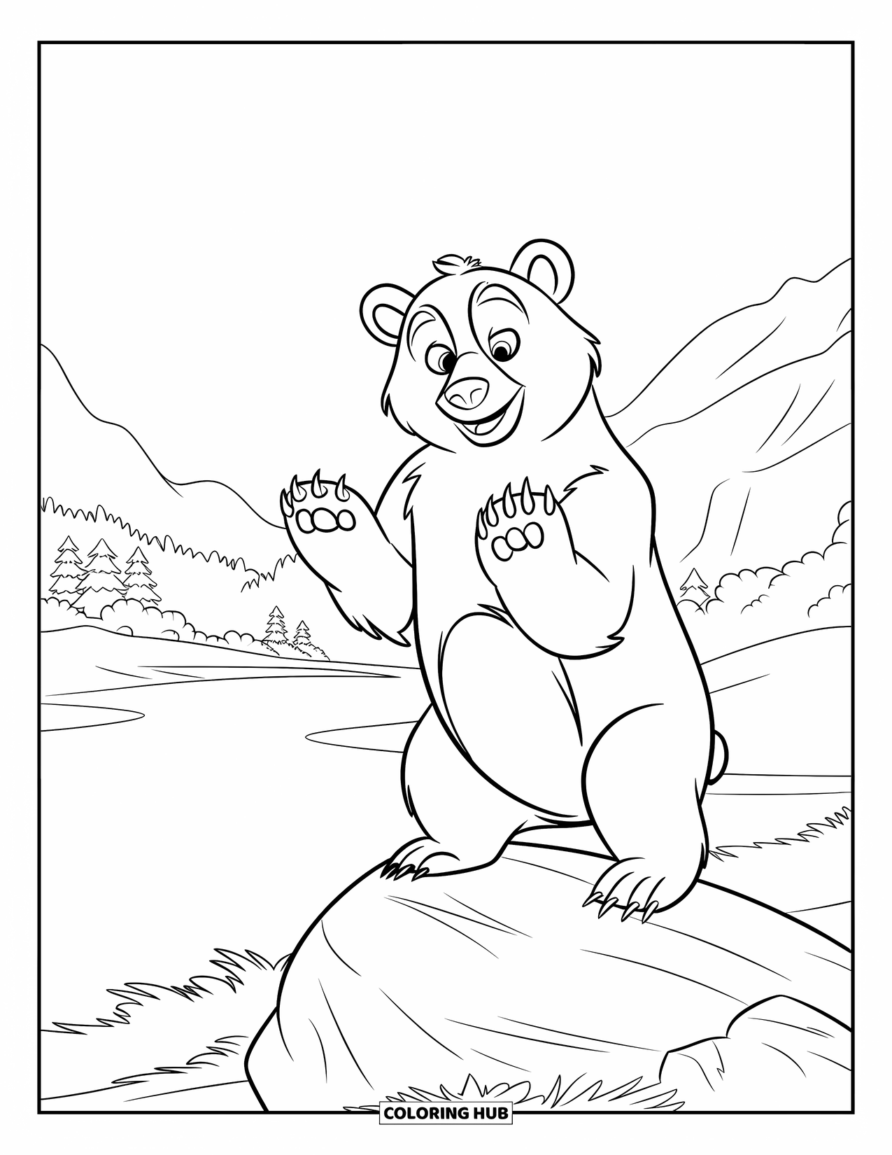 Brown Bear Coloring Page for Kids: A bear stands on a boulder, eyes wide, looking across the quiet valley