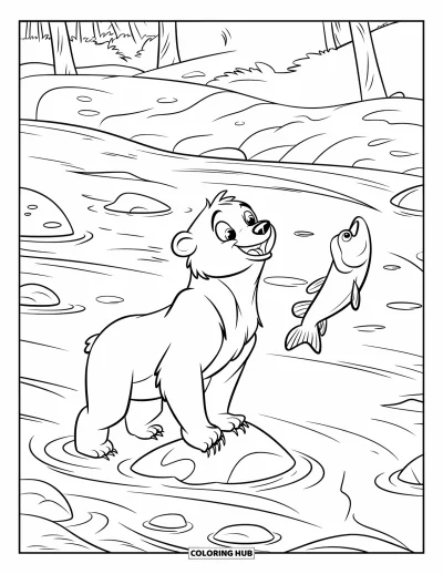 Coloriage d'ours brun pour enfants : Un ours debout sur un rocher attrape un saumon dans la rivière écumeuse