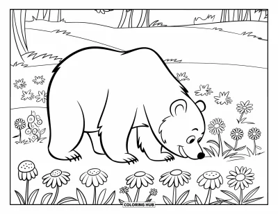Coloriage d'ours brun pour enfants : Un ours se dresse sur ses pattes arrière pour sentir des fleurs dans un champ ensoleillé