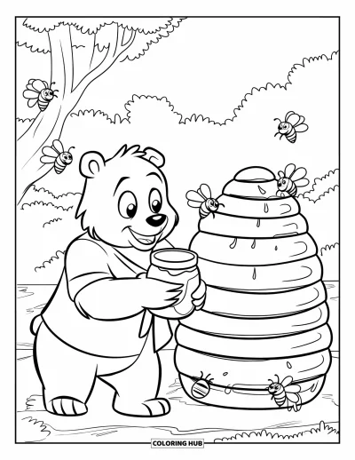 Coloriage d'ours brun pour enfants : Un ours joyeux tient un pot de miel près d'une ruche bourdonnante dans la forêt