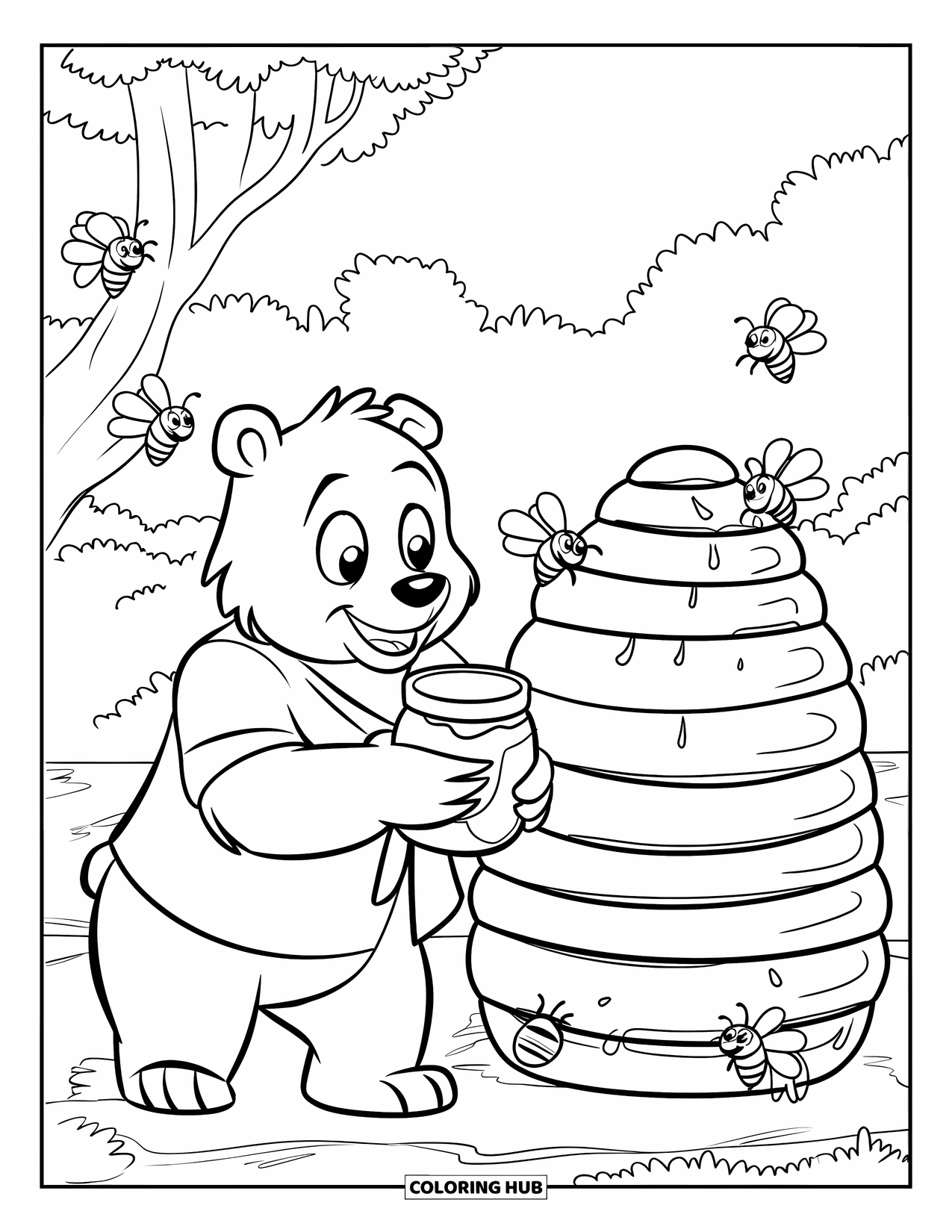 Brown Bear Coloring Page for Kids: A cheerful bear holds honey beside a buzzing beehive in the forest