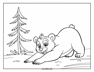Coloriage d'ours brun pour enfants : Un ours joyeux en chemise rouge s'étire dans une prairie verdoyante et lumineuse