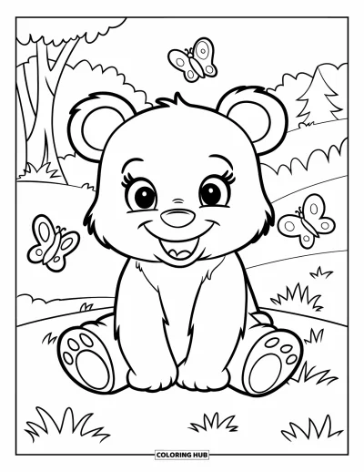 Coloriage d'ours brun pour enfants : Un ours jovial assis sur une colline herbeuse tandis que des papillons virevoltent autour