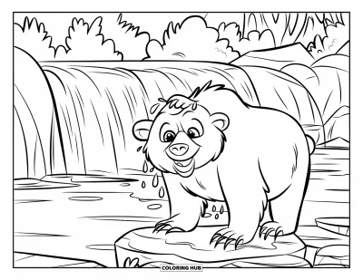 Coloriage d'ours brun pour enfants : Un ours joyeux sur un rocher s'ébroue près d'une cascade brumeuse avec des nénuphars