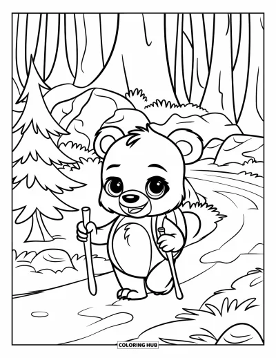 Coloriage d'ours brun pour enfants : Un ourson avec un bâton et un sac à dos explore un sentier forestier rocailleux
