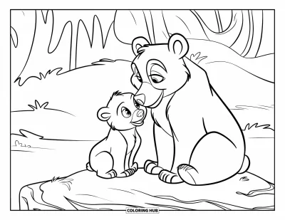 Coloriage d'ours brun pour enfants : Un ourson curieux lève les yeux pendant que sa maman lui donne une douce poussée