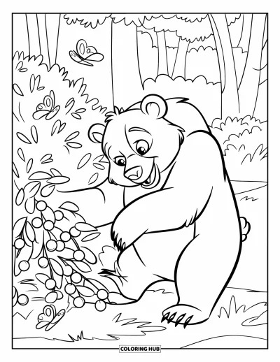 Coloriage d'ours brun pour enfants : Un ours curieux explore un buisson de baies tandis que des papillons virevoltent tout autour