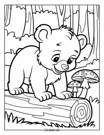 Coloriage d'ours brun pour enfants : Un ours curieux debout sur une bûche près de deux champignons dans la forêt