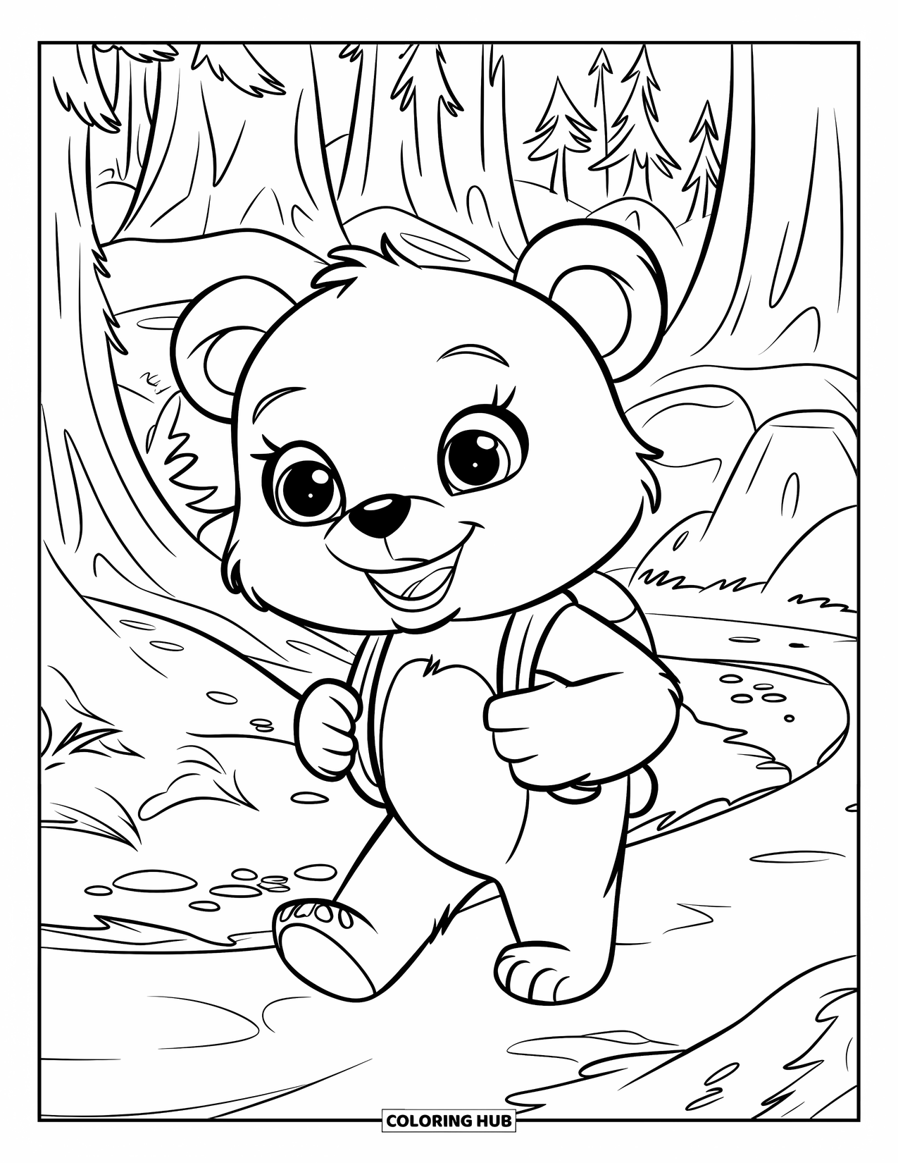 Brown Bear Coloring Page for Kids: A curious cub in a backpack strolls through a rocky forest path