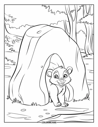 Coloriage d'ours brun pour enfants : Un ourson curieux pointe le museau derrière un rocher entouré d'arbres