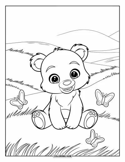 Coloriage d'ours brun pour enfants : Un adorable ours assis sur une colline herbeuse avec des papillons qui volent autour